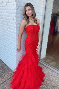 Strapless Mermaid Red Lace Long Prom Dresses, Mermaid Red Formal Dresses, Red Lace Evening Dresses EP1773
