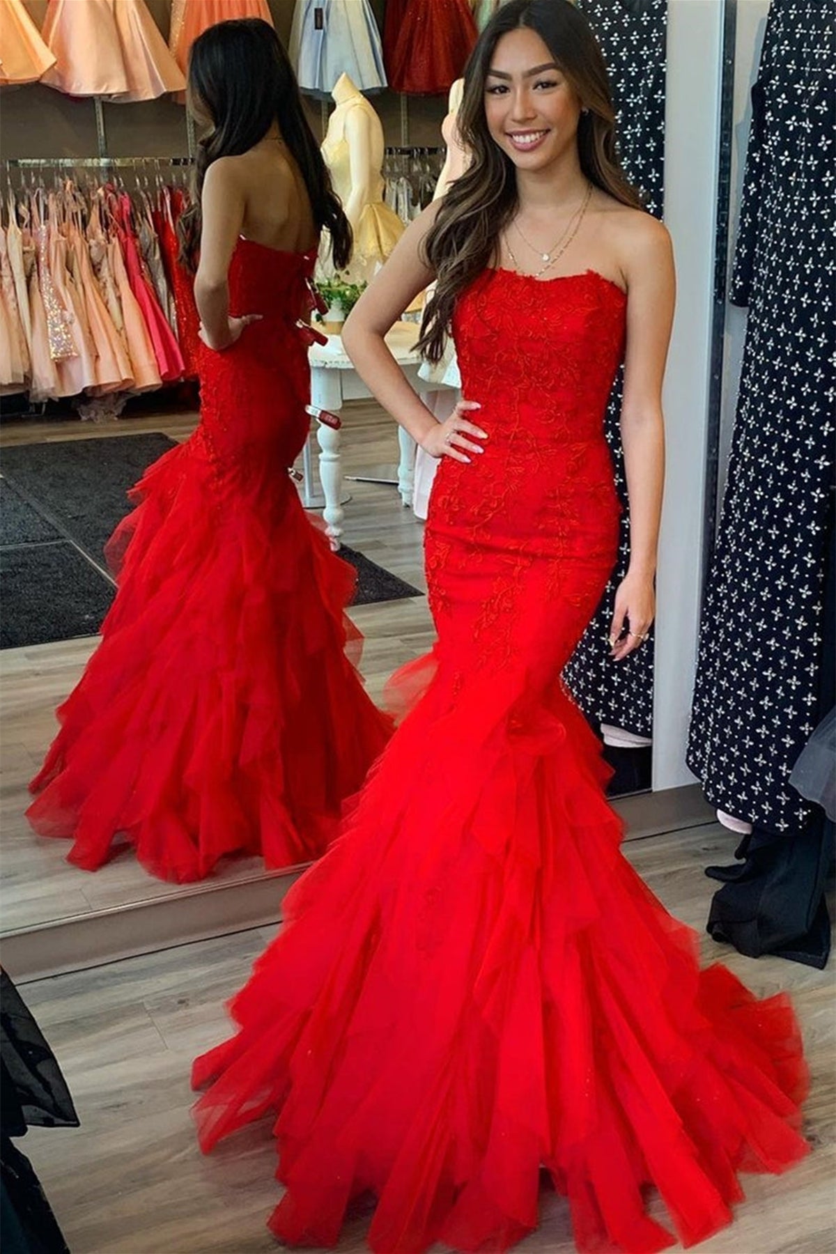 Strapless Mermaid Red Lace Tulle Long Prom Dresses, Red Lace Formal Dresses, Mermaid Red Evening Dresses EP1798