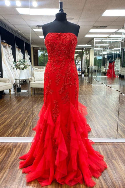 Strapless Mermaid Red Lace Tulle Long Prom Dresses, Red Lace Formal Dresses, Mermaid Red Evening Dresses EP1798