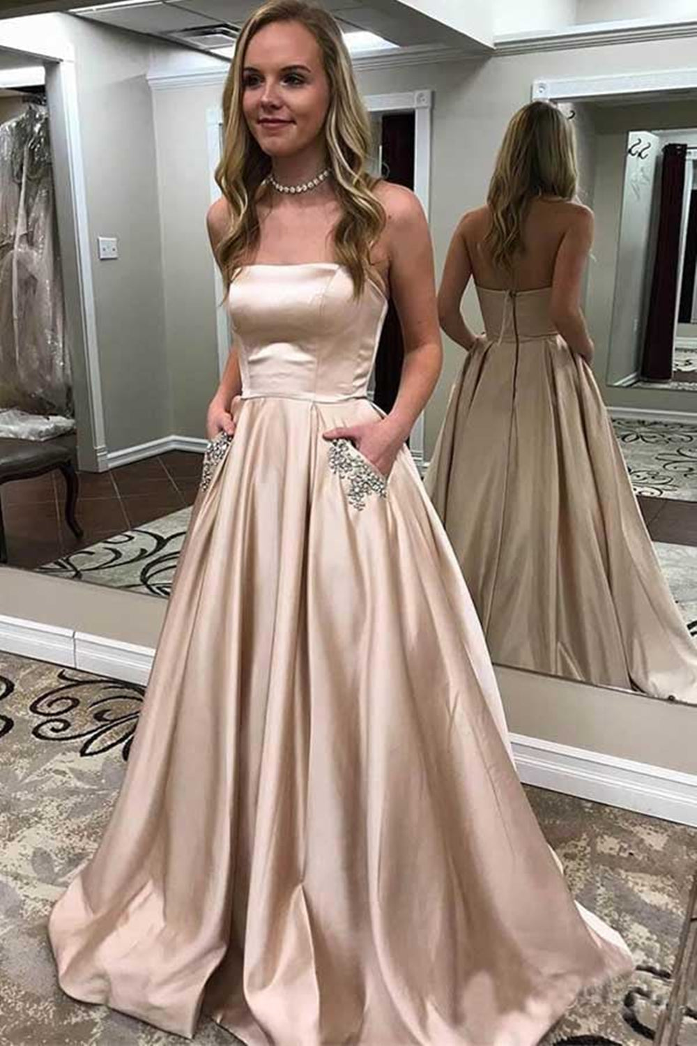 Strapless Open Back Champagne Satin Long Prom Dresses, Champagne Formal Graduation Evening Dresses EP1664