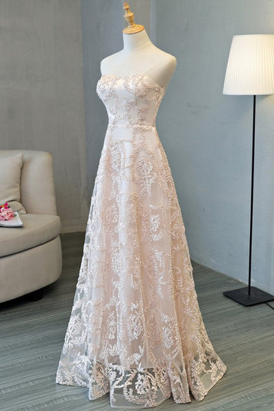 Strapless Pink Lace Long Prom Dresses, Pink Lace Formal Graduation Evening Dresses EP1678