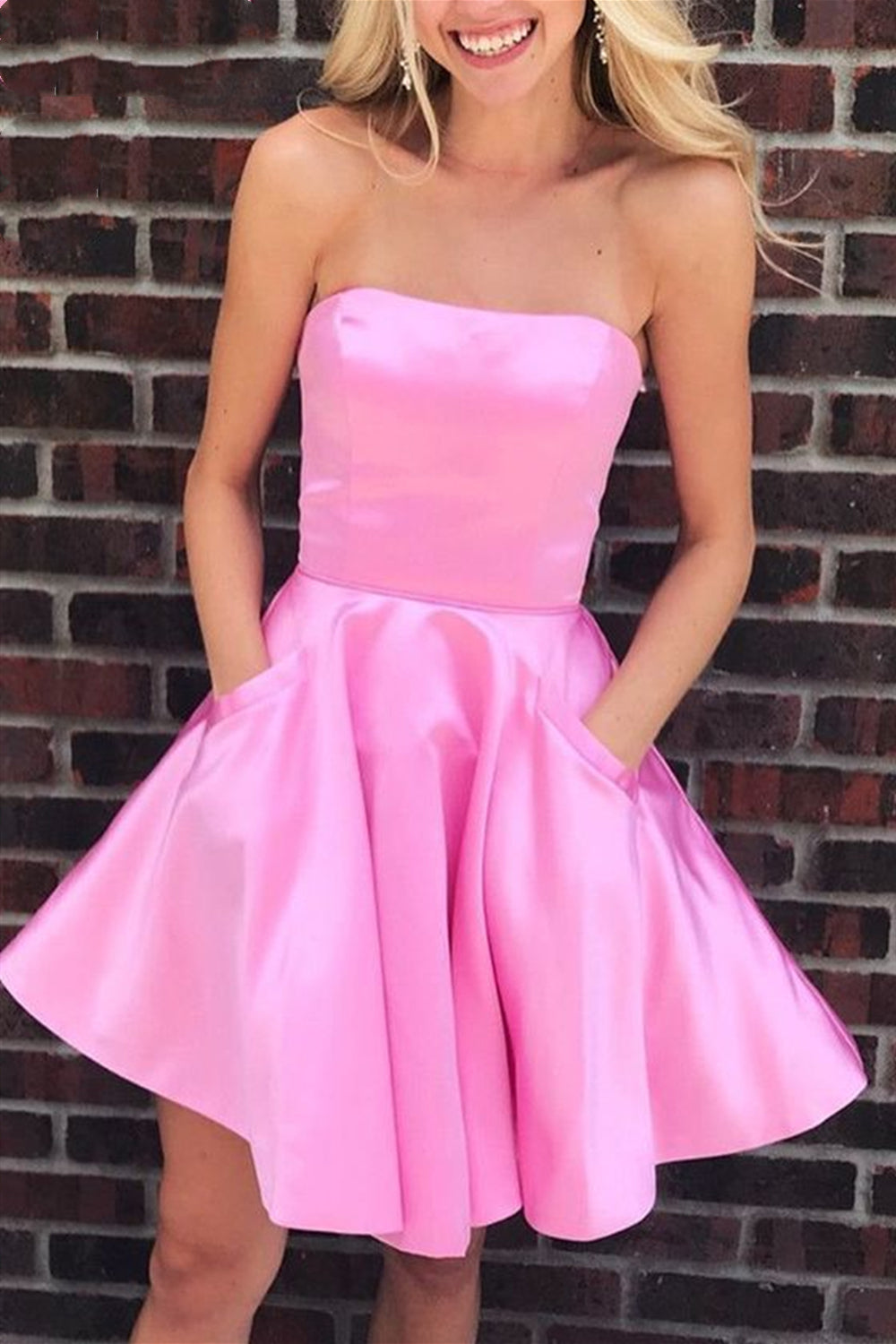 Strapless Pink Satin Short Prom Homecoming Dresses with Pocket, Pink Formal Graduation Evening Dresses EP1575