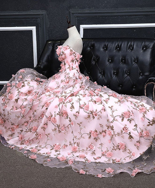 Strapless Pink Tulle Floral Long Prom Dresses, Open Back Pink Formal Evening Dresses with 3D Flowers EP1684