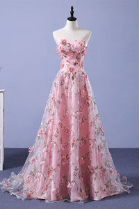 Strapless Pink Tulle Floral Long Prom Dresses, Open Back Pink Formal Evening Dresses with 3D Flowers EP1684