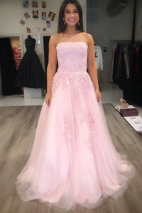 Strapless Pink Tulle Lace Long Prom Dresses, Pink Lace Formal Dresses, Pink Evening Dresses with Appliques EP1682