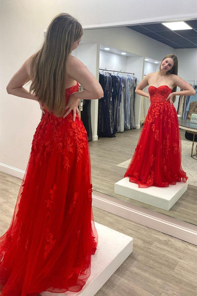 Strapless Red Lace Floral Long Prom Dresses, Red Lace Formal Dresses, Red Evening Dresses EP1903