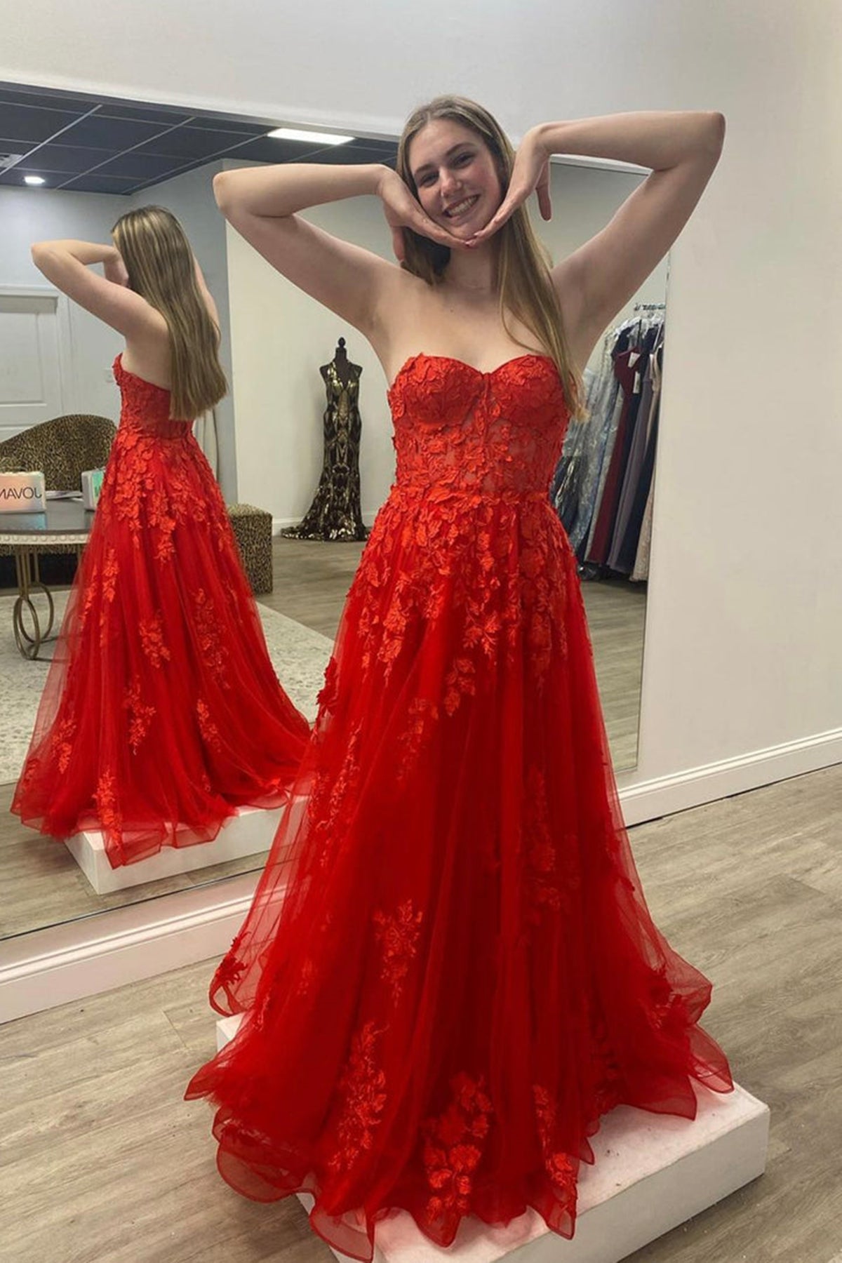 Strapless Red Lace Floral Long Prom Dresses, Red Lace Formal Dresses, Red Evening Dresses EP1903