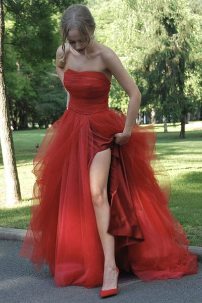 Strapless Red Tulle Long Prom Dresses with High Slit, Red Tulle Formal Graduation Evening Dresses EP1774