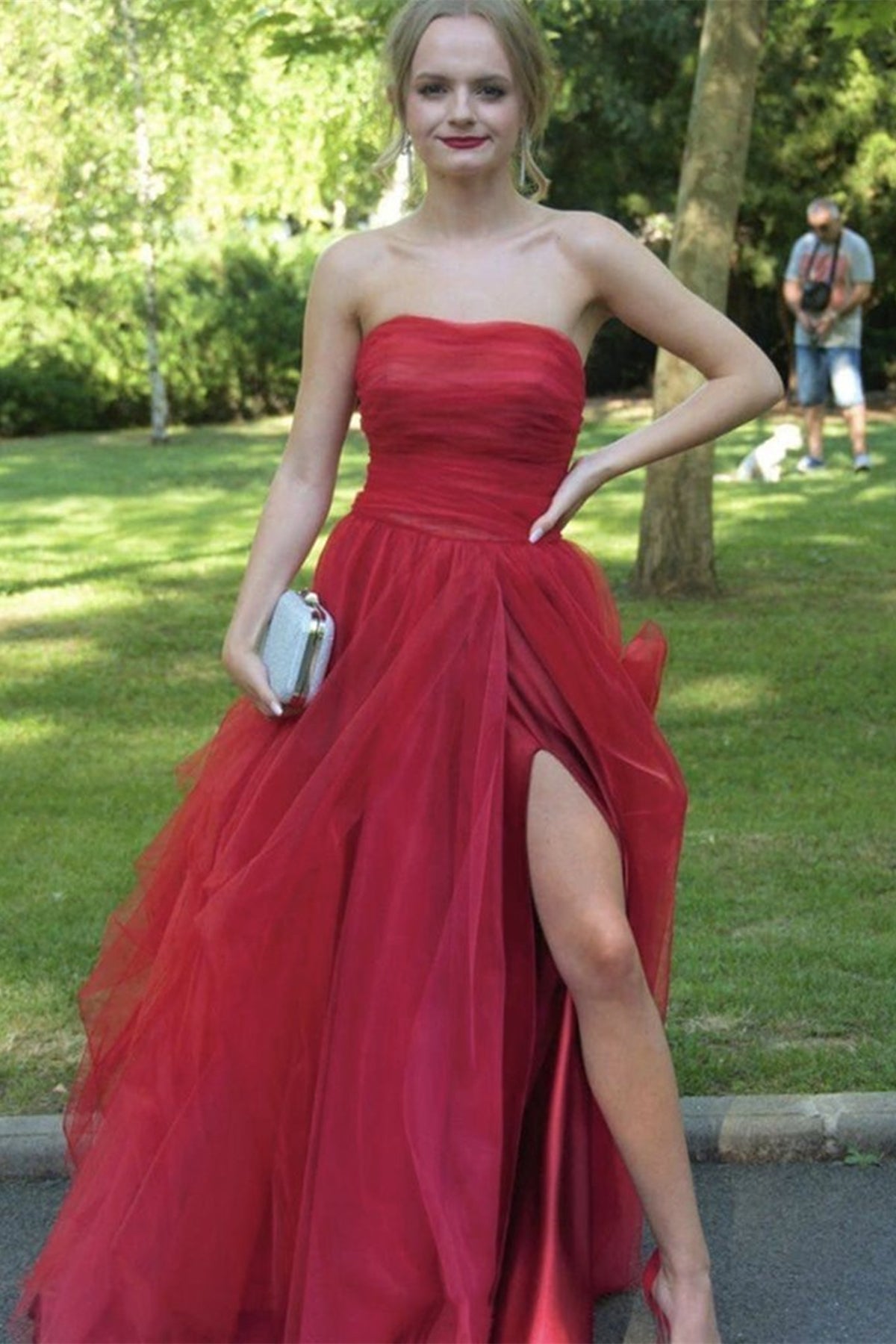 Strapless Red Tulle Long Prom Dresses with High Slit, Red Tulle Formal –  Eip Collection
