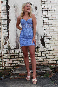 Strapless Short Blue Lace Prom Dresses, Short Blue Lace Formal Homecoming Dresses
