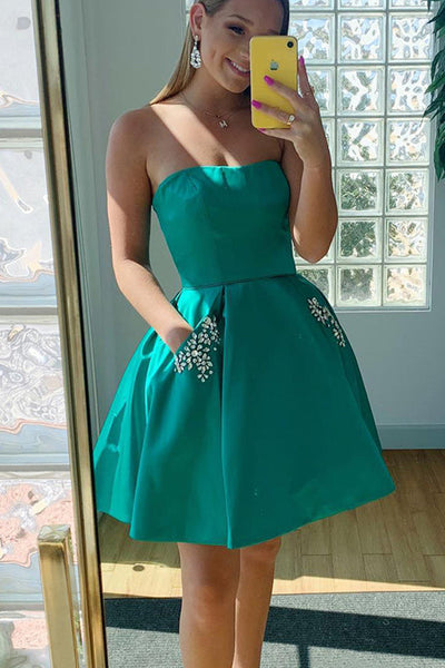 Strapless Short Green Satin Prom Homecoming Dresses with Pocket, Short Green Formal Graduation Evening Dresses EP1887