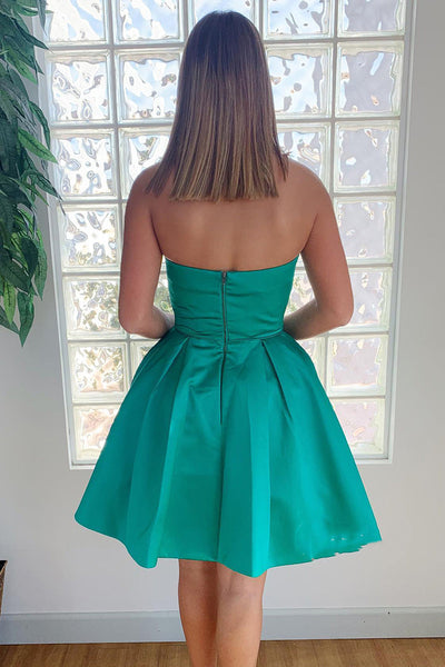 Strapless Short Green Satin Prom Homecoming Dresses with Pocket, Short Green Formal Graduation Evening Dresses EP1887