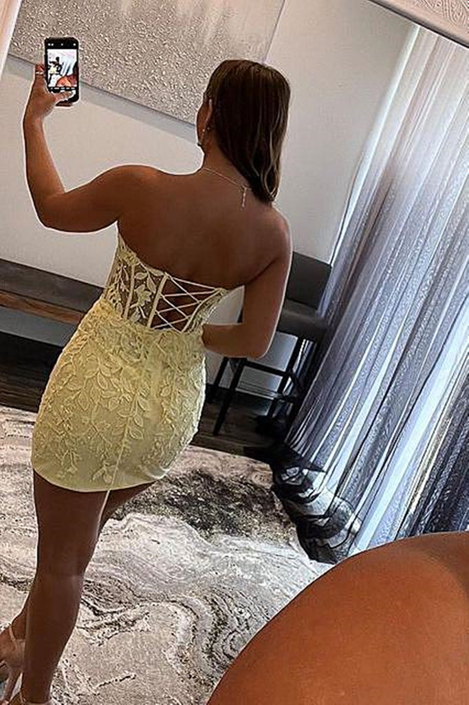 Strapless Short Yellow Lace Prom Dresses, Short Yellow Lace Formal Gra   Eip Collection