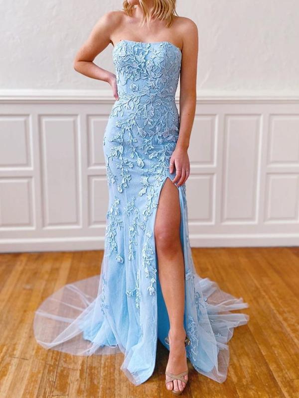 Strapless Sky Blue Lace Prom Dresses with Leg Slit, Light Blue Mermaid Lace Formal Evening Dresses