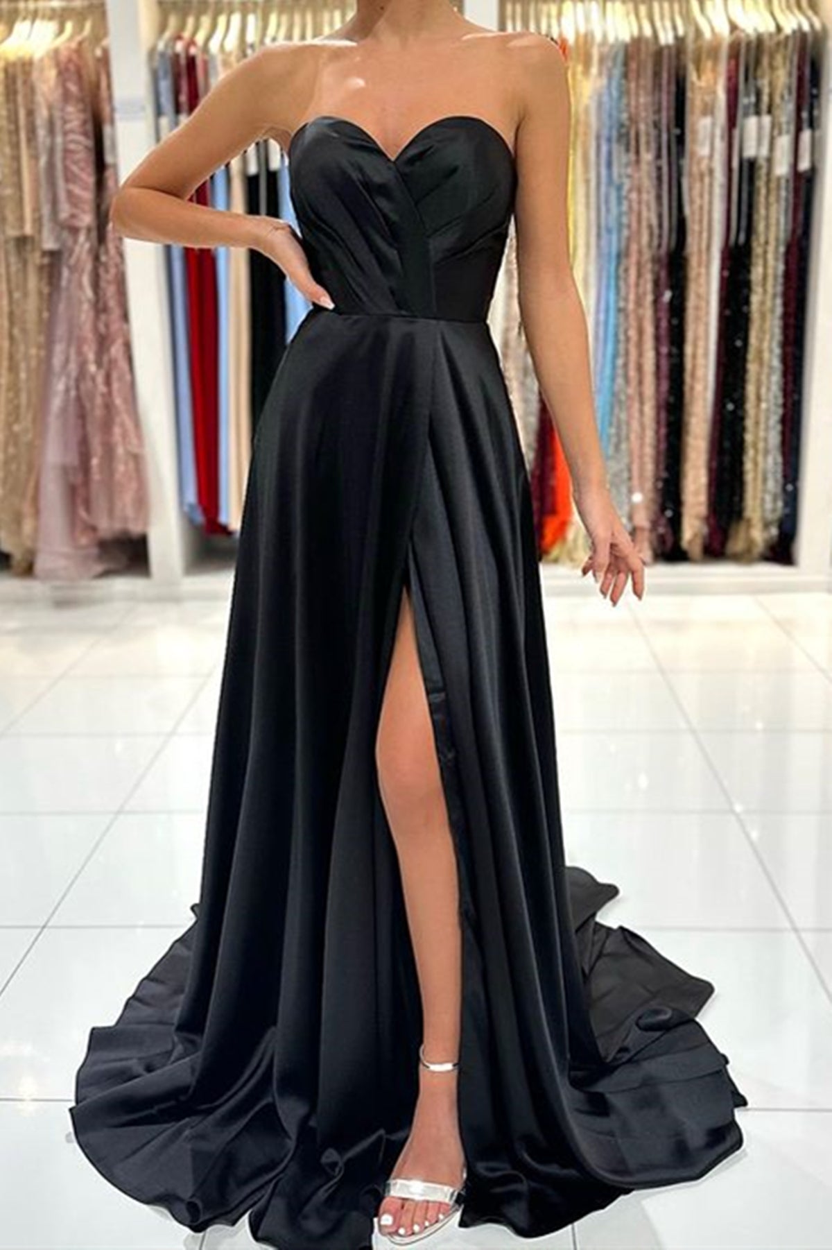 Strapless Sweetheart Neck Black Green Long Satin Prom Dresses, Black G