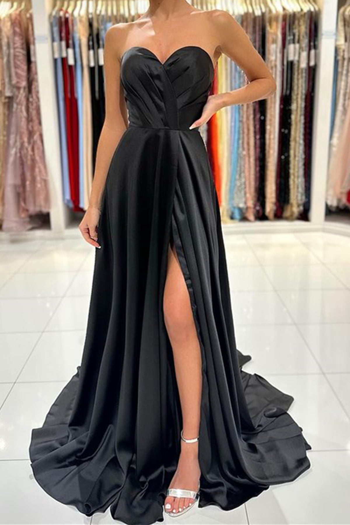 Strapless Sweetheart Neck Black Green Long Satin Prom Dresses, Black G Eip Collection Strapless Sweetheart Neck Black Green Long Satin Prom Dresses, Black G Eip Collection