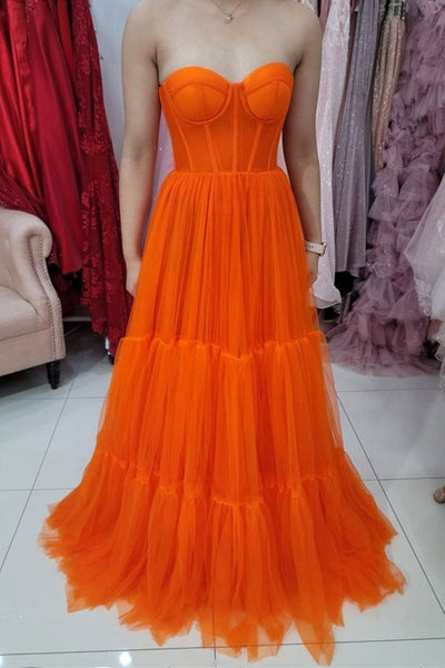 Strapless Sweetheart Neck Orange Tulle Long Prom Dresses, Strapless Orange Formal Graduation Evening Dresses EP1812