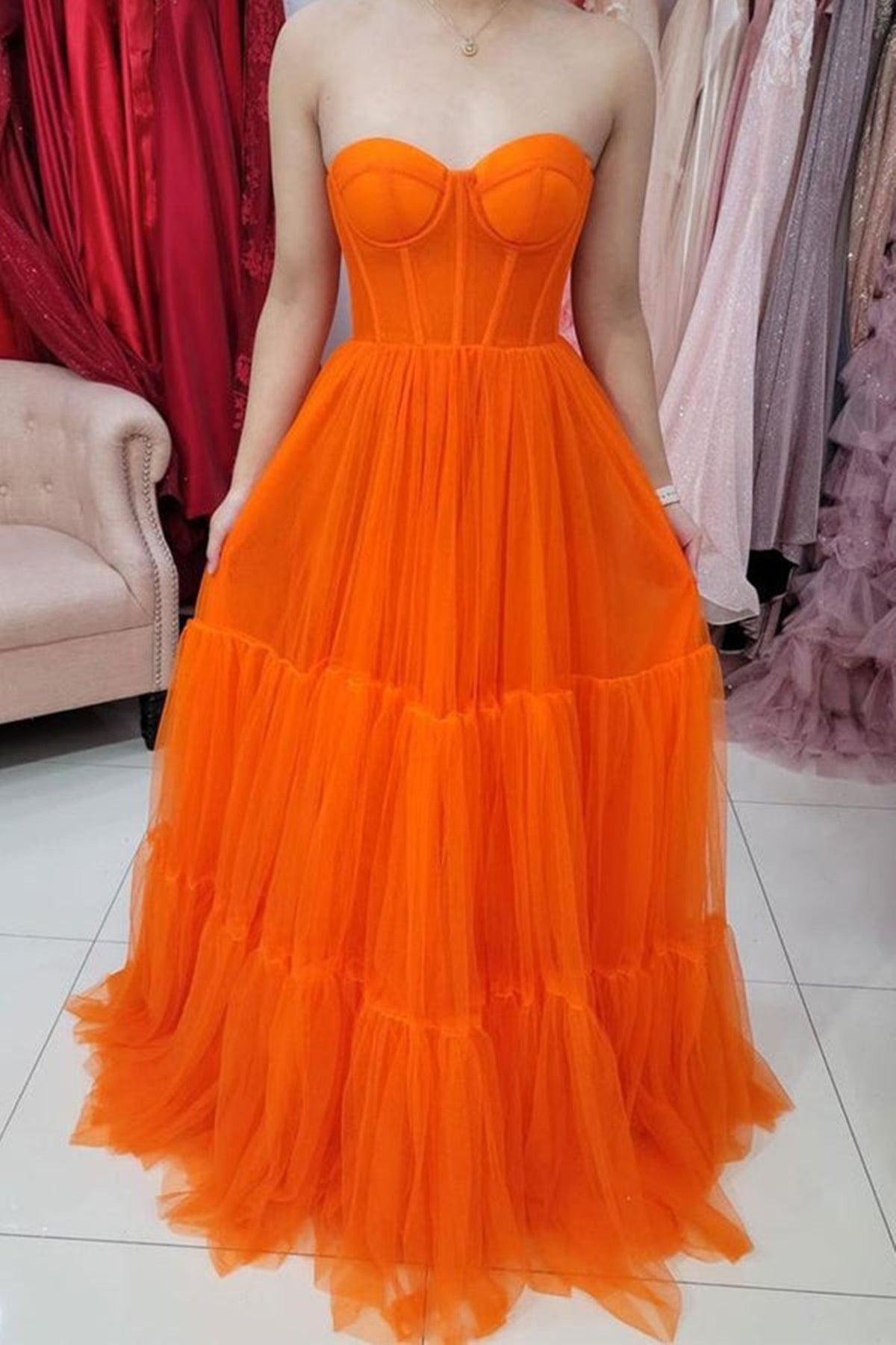 Strapless Sweetheart Neck Orange Tulle Long Prom Dresses, Strapless Orange Formal Graduation Evening Dresses EP1812
