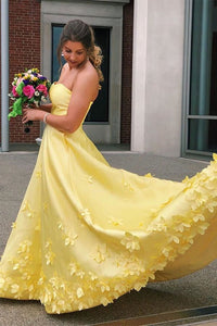 Strapless Sweetheart Neck Yellow Satin Long Prom Dresses with 3D Flowers, Yellow Floral Formal Evening Dresses EP1570