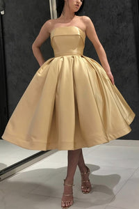 Strapless Tea Length Golden Satin Prom Dresses, Golden Homecoming Dresses, Tea Length Golden Formal Evening Dresses EP1429