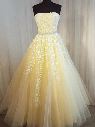 Strapless Yellow Lace Long Prom Dresses, Yellow Lace Formal Evening Dresses