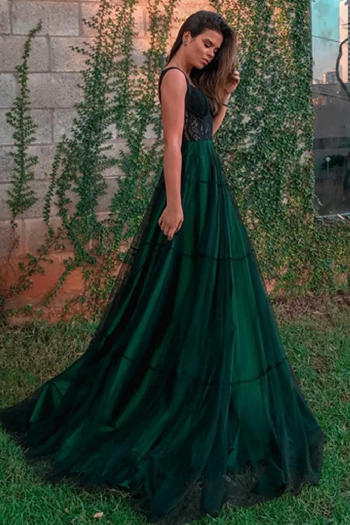 Dark Green Tulle Prom Dresses Long A-line Evening Gown FD2064 – Viniodress