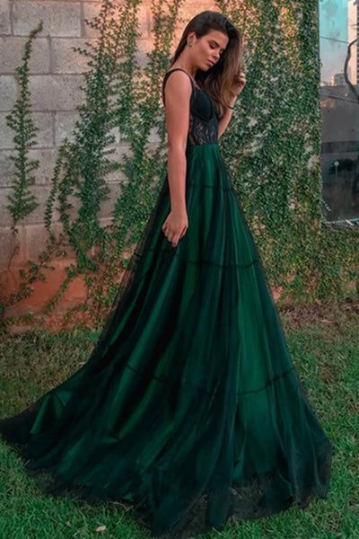 Stylish Dark Green Tulle Long Prom Dresses with Lace Appliques, Dark Green Lace Formal Graduation Evening Dresses EP1838