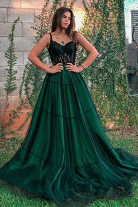 Stylish Dark Green Tulle Long Prom Dresses with Lace Appliques, Dark Green Lace Formal Graduation Evening Dresses EP1838