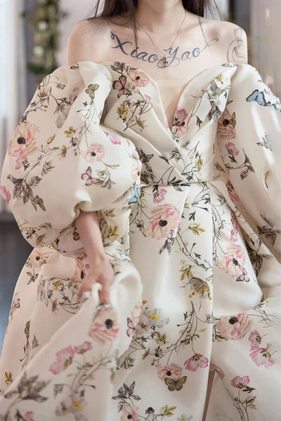 Stylish Long Sleeves Printed Pattern Long Prom Dress with High Slit, Long Formal Evening Dress