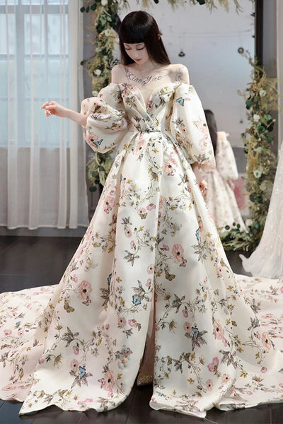 Stylish Long Sleeves Printed Pattern Long Prom Dress with High Slit, Long Formal Evening Dress