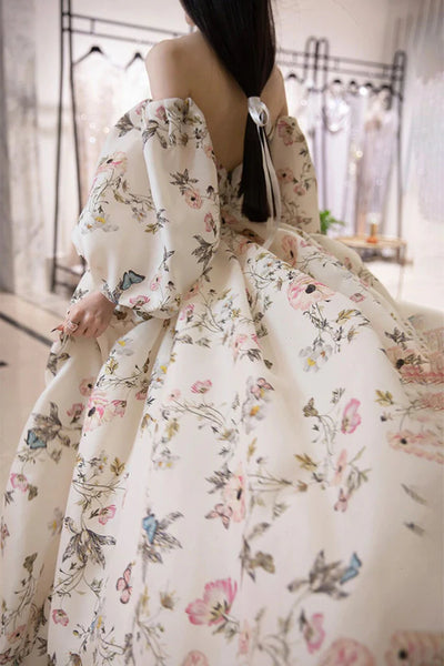 Stylish Long Sleeves Printed Pattern Long Prom Dress with High Slit, Long Formal Evening Dress