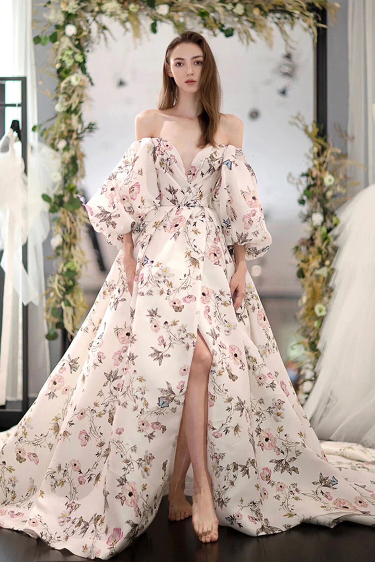 Stylish Long Sleeves Printed Pattern Long Prom Dress with High Slit, L Eip Collection Stylish Long Sleeves Printed Pattern Long Prom Dress with High Slit, L Eip Collection