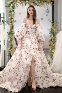 Stylish Long Sleeves Printed Pattern Long Prom Dress with High Slit, Long Formal Evening Dress