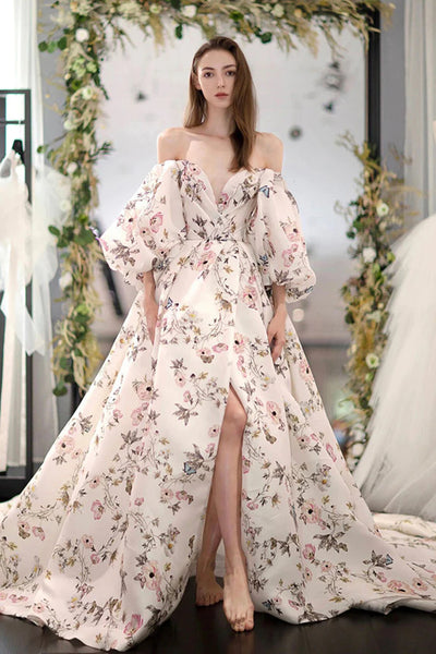 Stylish Long Sleeves Printed Pattern Long Prom Dress with High Slit, Long Formal Evening Dress