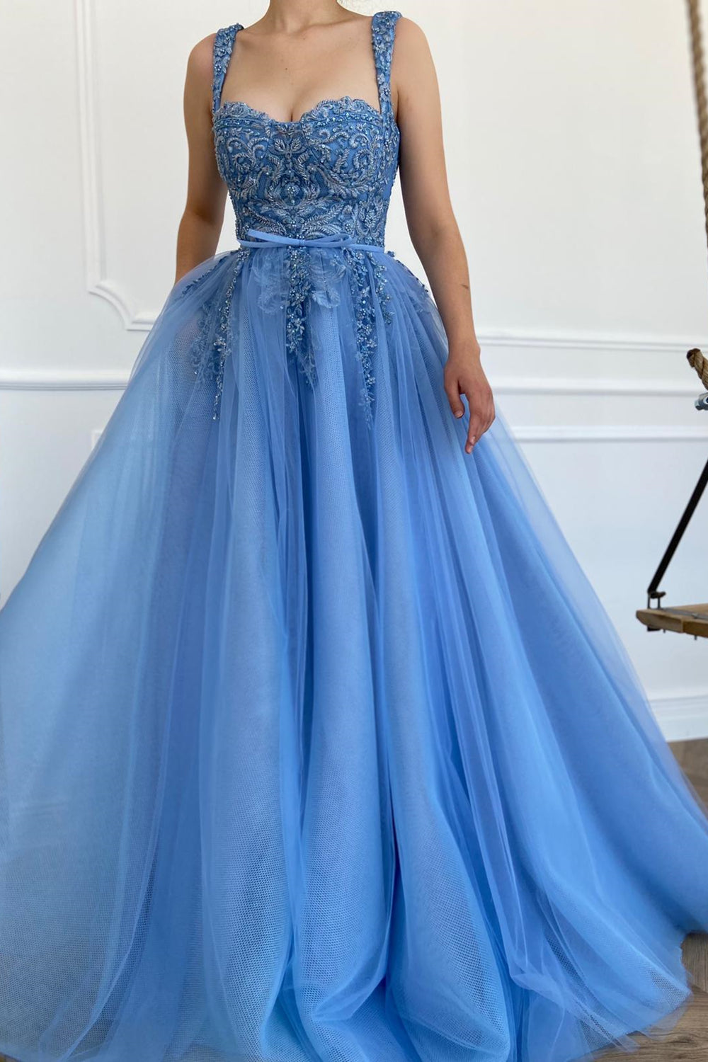 Sweetheart Neck Blue Lace Long Prom Dresses, Blue Lace Formal Evening Dresses EP1466