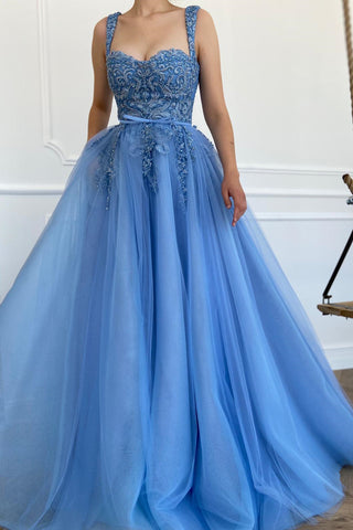 Sweetheart Neck Blue Lace Long Prom Dresses, Blue Lace Formal Evening Dresses EP1466