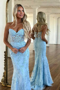 Sweetheart Neck Blue Lace Mermaid Prom Dresses, Blue Lace Mermaid Long Formal Evening Dresses