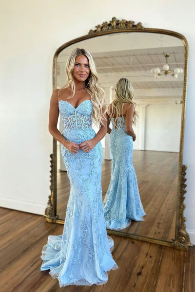Sweetheart Neck Blue Lace Mermaid Prom Dresses, Blue Lace Mermaid Long Formal Evening Dresses