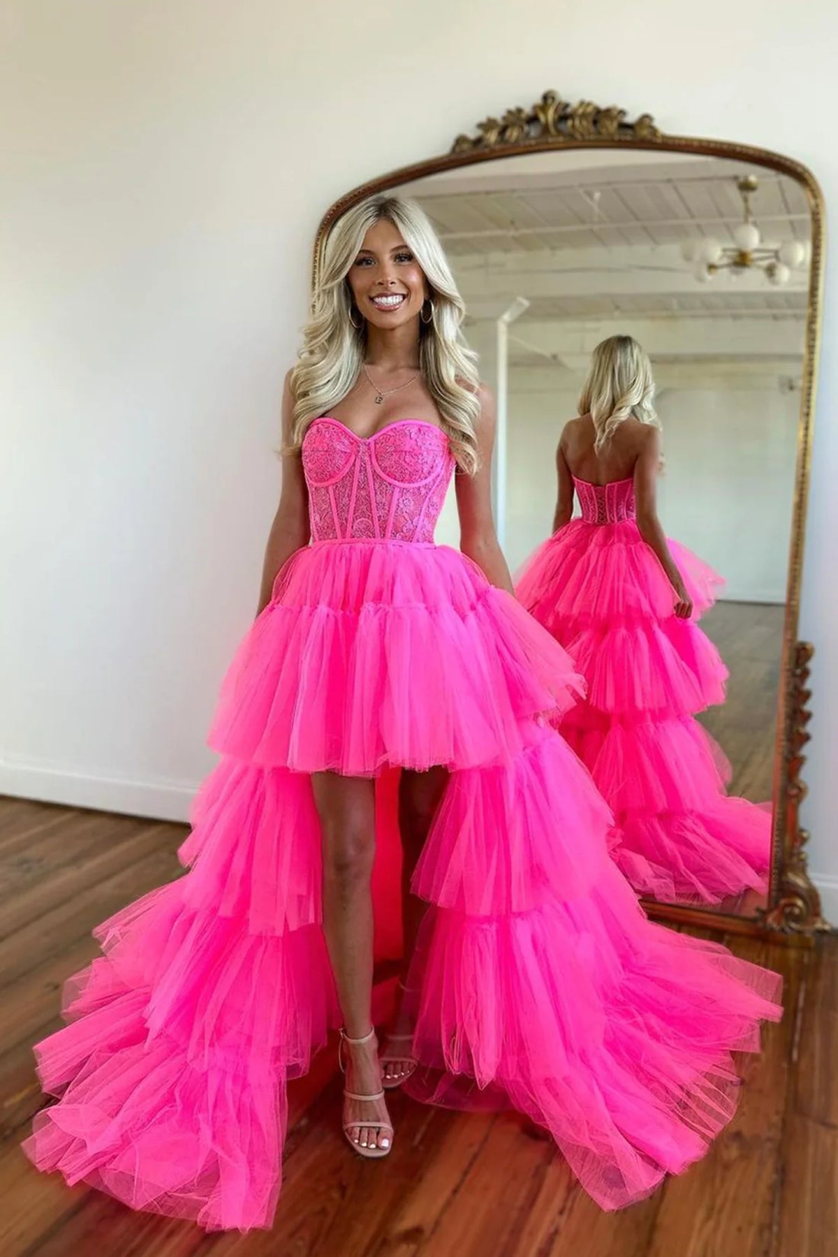 Sweetheart Neck High Low Hot Pink Tulle Lace Prom Dresses, Hot Pink High Low Tulle Lace Formal Evening Dresses