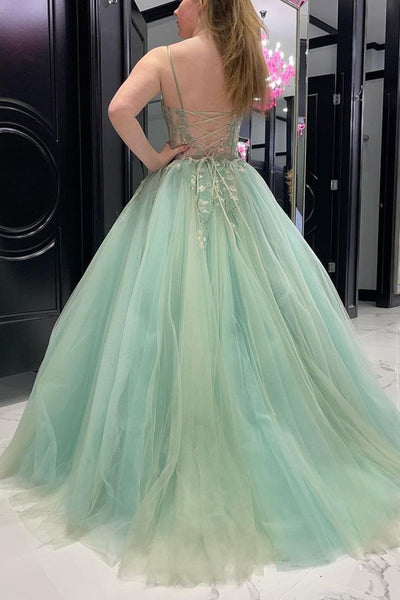 Sweetheart Neck Mint Green Tulle Lace Applique Long Prom Dresses, Mint Green Tulle Lace Floral Formal Evening Dresses, Ball Gown EP1818