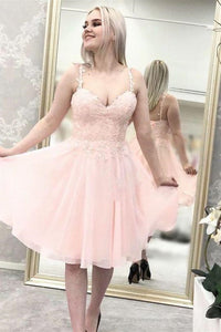 Sweetheart Neck Open Back Pink Lace Prom Dresses, Pink Lace Homecoming Dresses, Short Pink Formal Evening Dresses EP1435