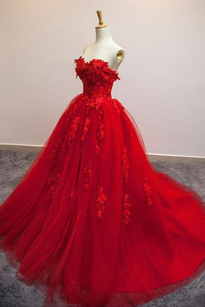 Sweetheart Neck Red Lace Floral Long Prom Dresses, Red Lace Formal Evening Dresses, Red Ball Gown EP1640