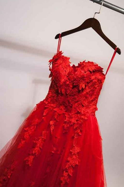 Sweetheart Neck Red Lace Floral Long Prom Dresses, Red Lace Formal Evening Dresses, Red Ball Gown EP1640