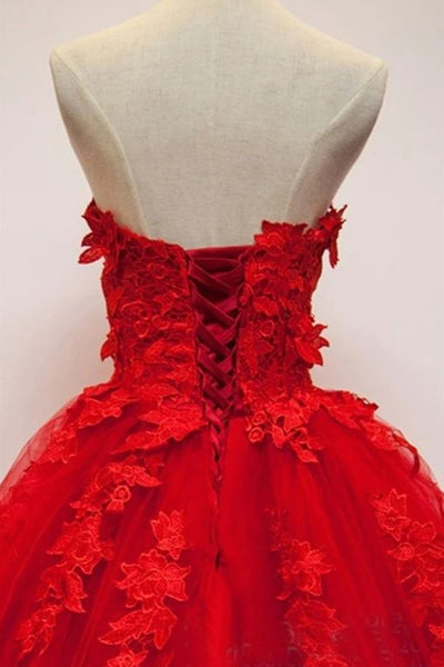 Sweetheart Neck Red Lace Floral Long Prom Dresses, Red Lace Formal Evening Dresses, Red Ball Gown EP1640