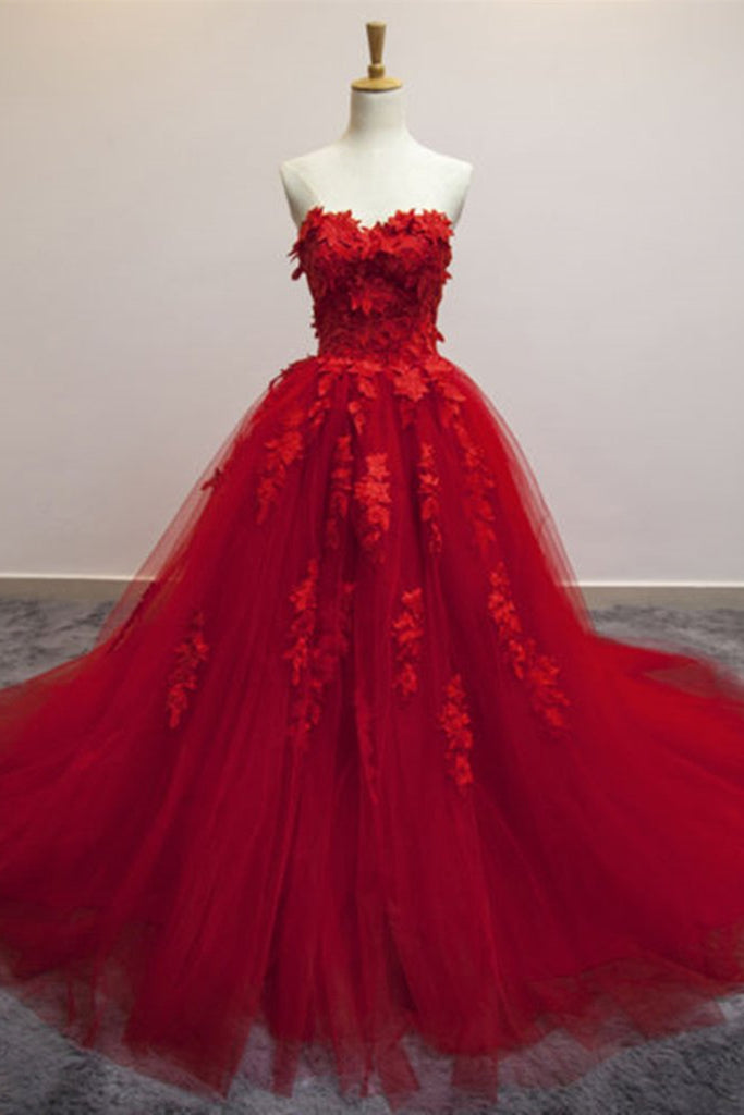 Sweetheart Neck Red Lace Floral Long Prom Dresses Red Lace Formal