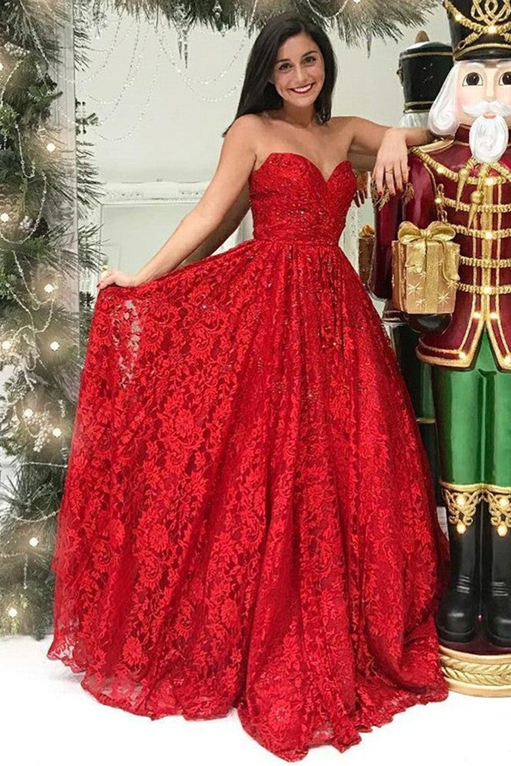 Sweetheart Neck Red Lace Long Prom Dresses, Strapless Red Formal Dresses, Red Lace Evening Dresses EP1660