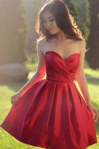 Sweetheart Neck Short Red Prom Dresses, Short Red Satin Graduation Homecoming Dresses