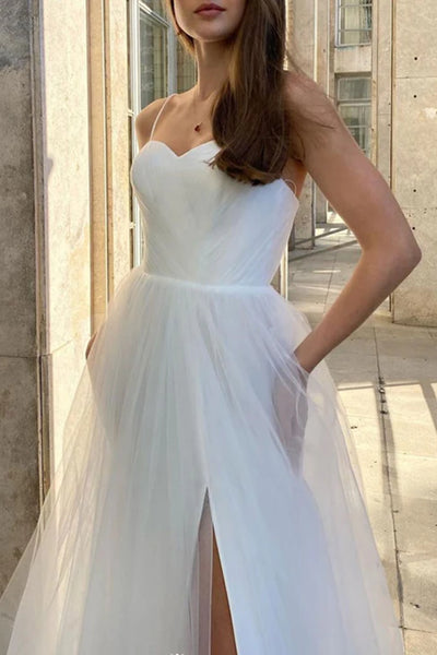 Sweetheart Neck White Tulle Long Prom Dresses with High Slit, Long White Formal Graduation Evening Dresses