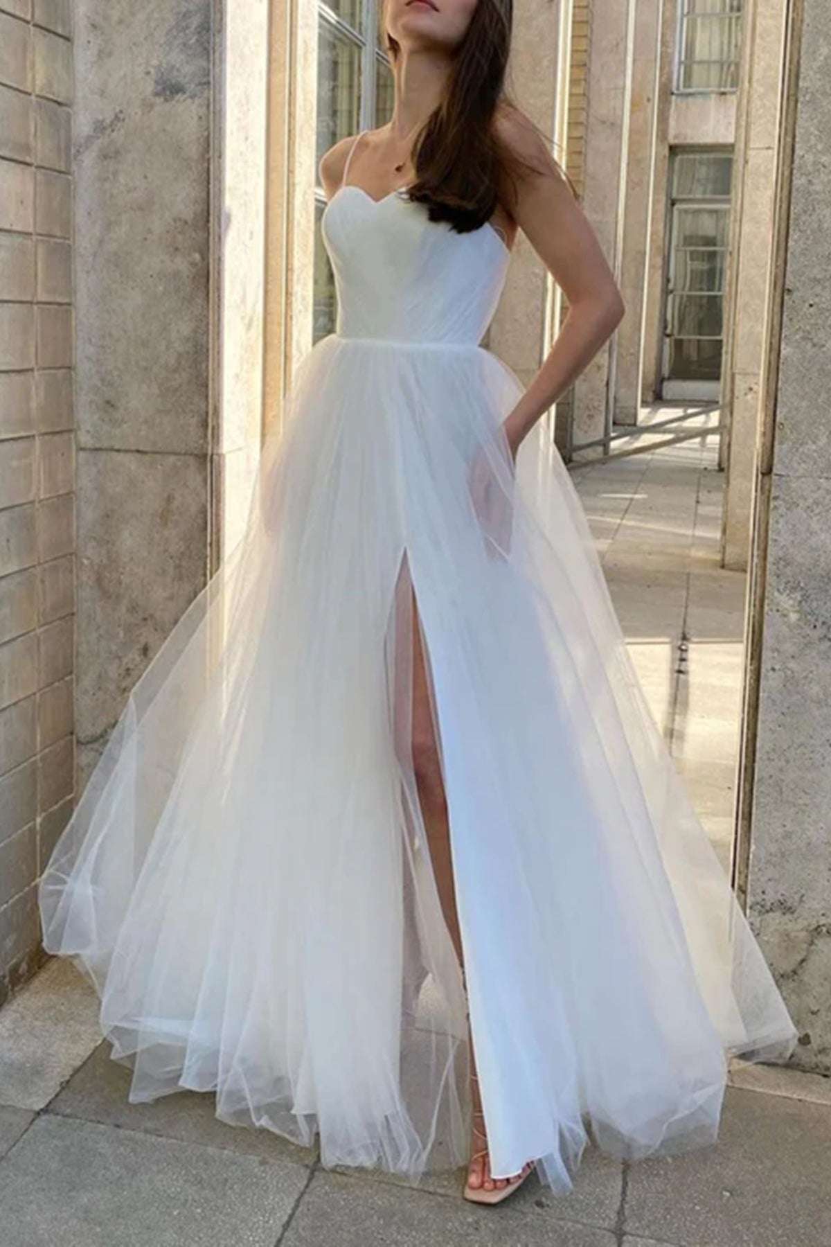 Sweetheart Neck White Tulle Long Prom Dresses with High Slit, Long Whi Eip Collection Sweetheart Neck White Tulle Long Prom Dresses with High Slit, Long Whi Eip Collection