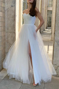 Sweetheart Neck White Tulle Long Prom Dresses with High Slit, Long White Formal Graduation Evening Dresses